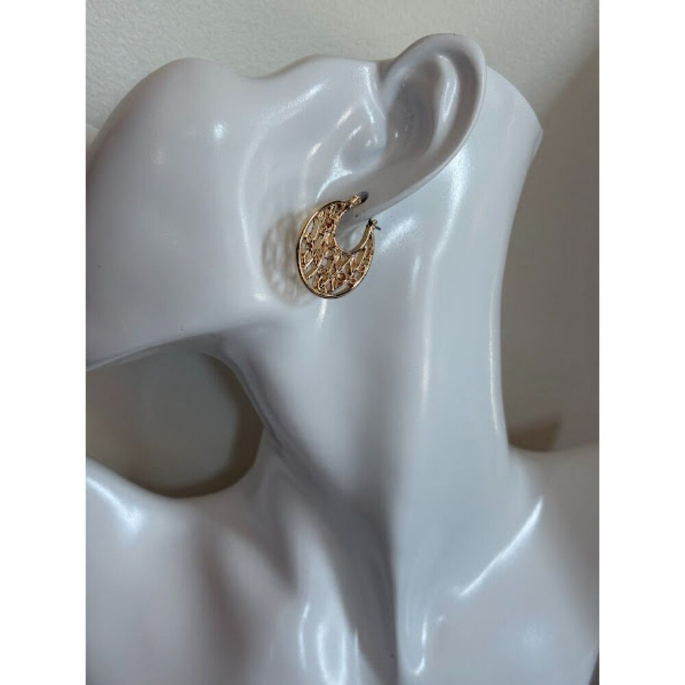 Floral Gold-Tone Hoop Earrings 1" New